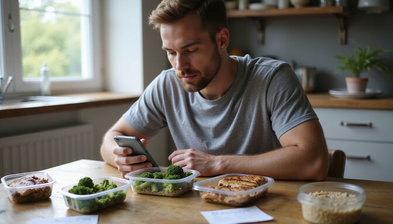 Person weighing ingredients and calculating calories for a balanced plate. Person weighing ingredients and calculating calories for a balanced plate.