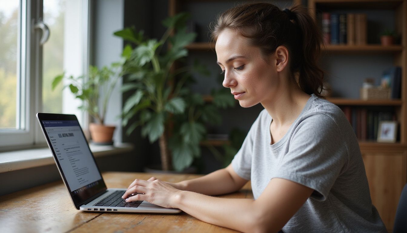 Learner taking an online nutrition course at a tidy home office desk.