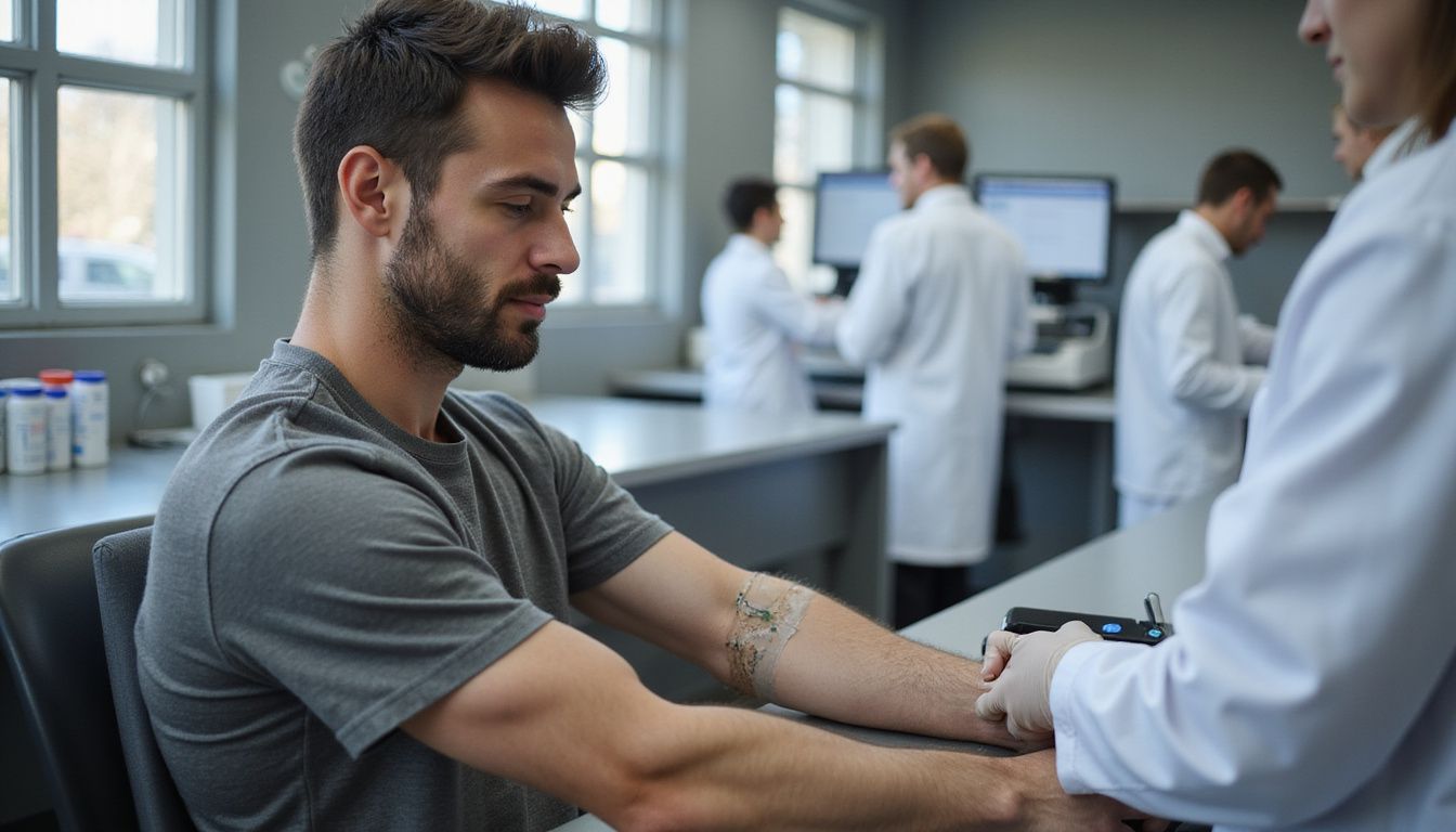 Man seated for a painless blood draw at a testing station.