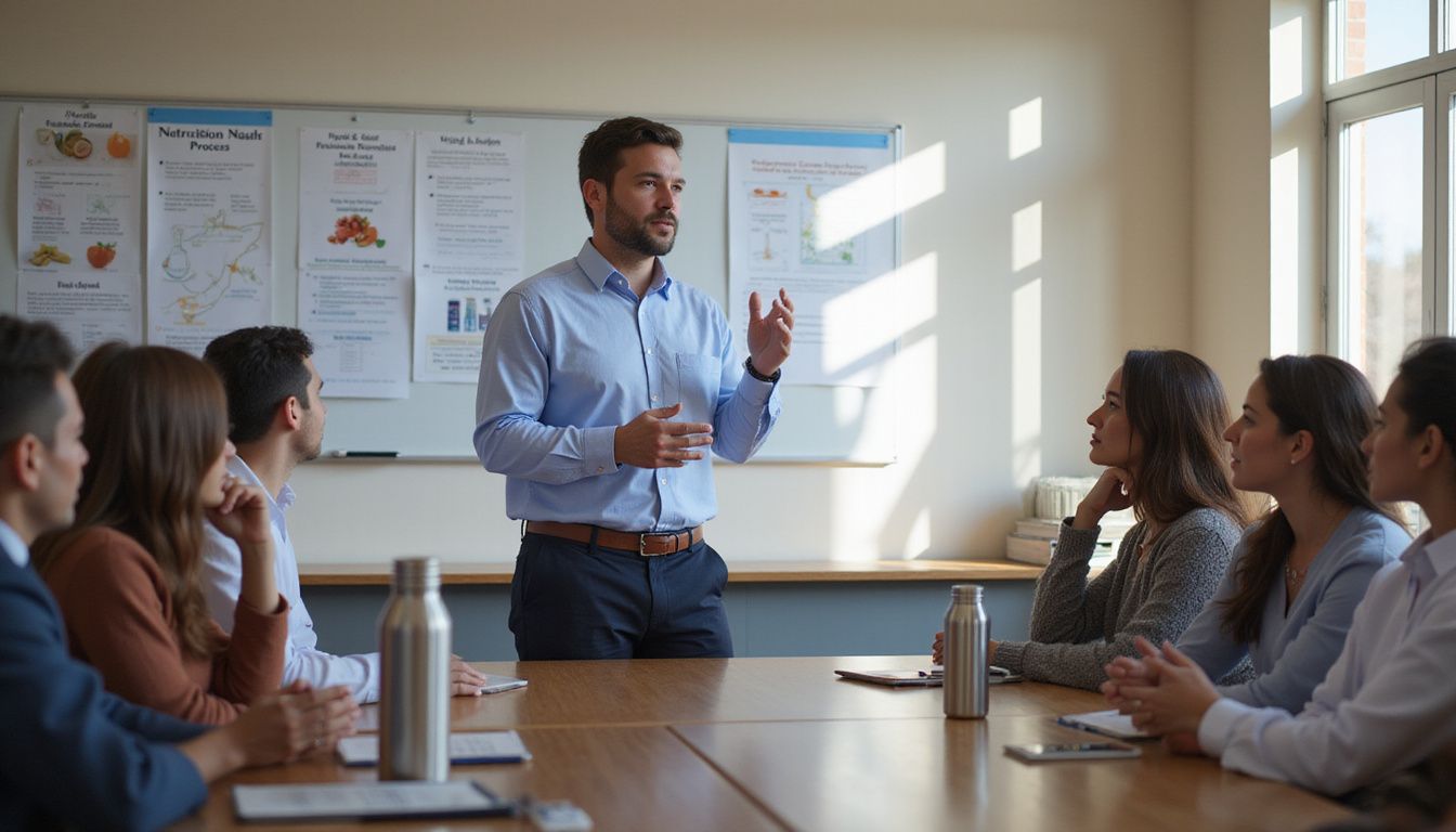 Dietitian instructor leading a training session for healthcare professionals in a modern classroom.