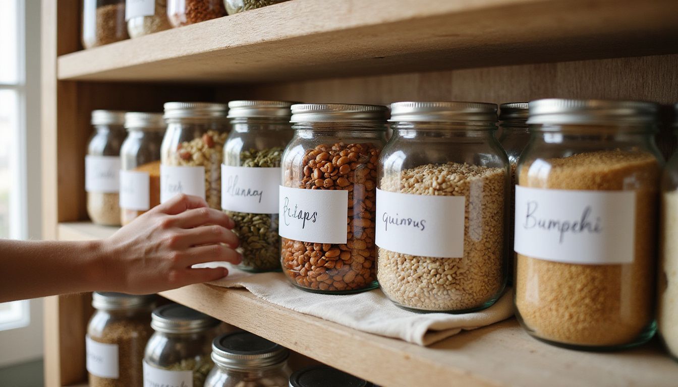 Neat kitchen pantry with labeled glass jars of grains and staples. Neat kitchen pantry with labeled glass jars of grains and staples.