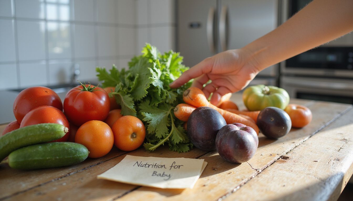 Colorful fruits and vegetables arranged on a wooden table for pregnancy meals.