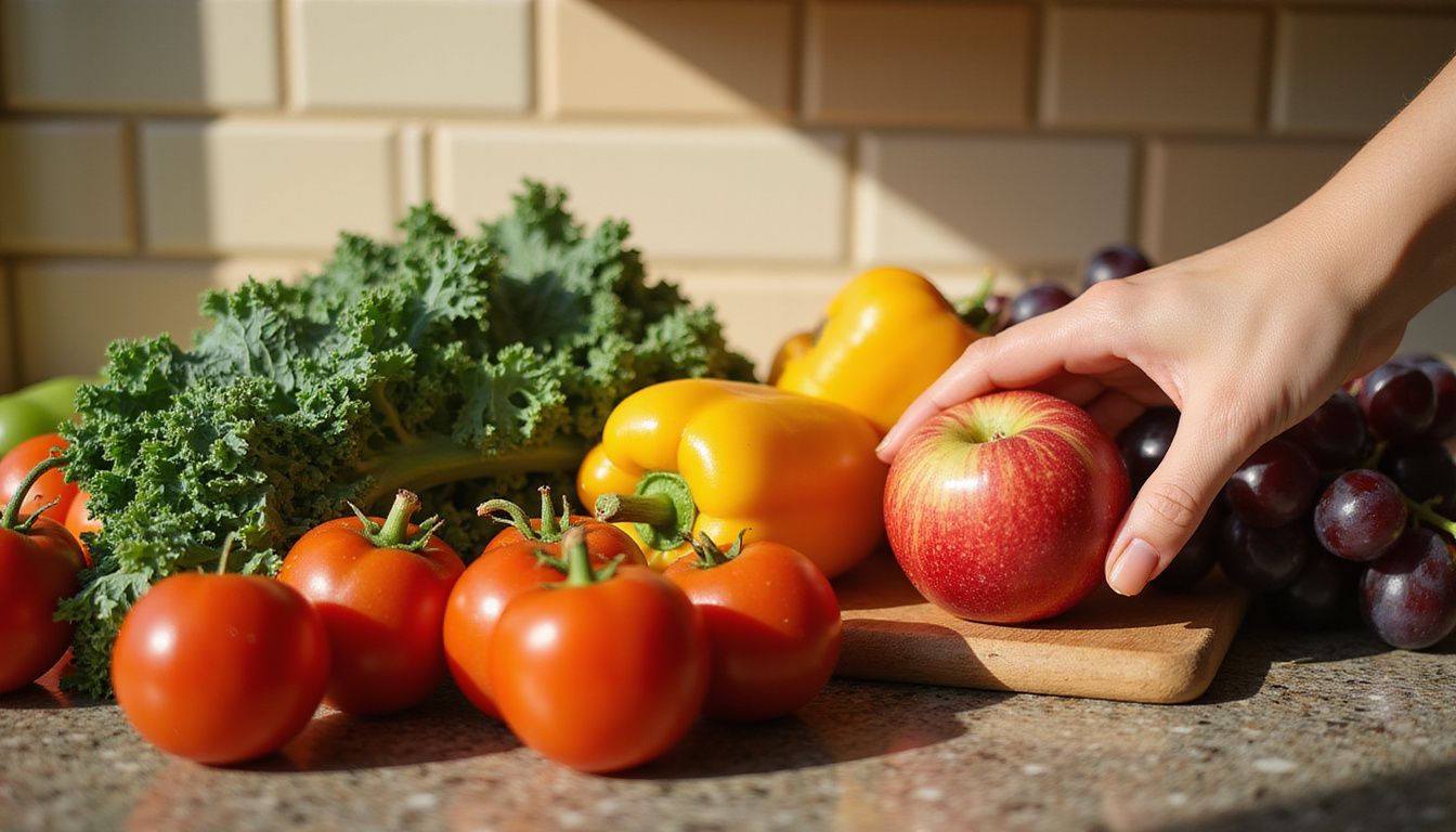 Bright display of fresh fruits and vegetables on a kitchen counter. Bright display of fresh fruits and vegetables on a kitchen counter.