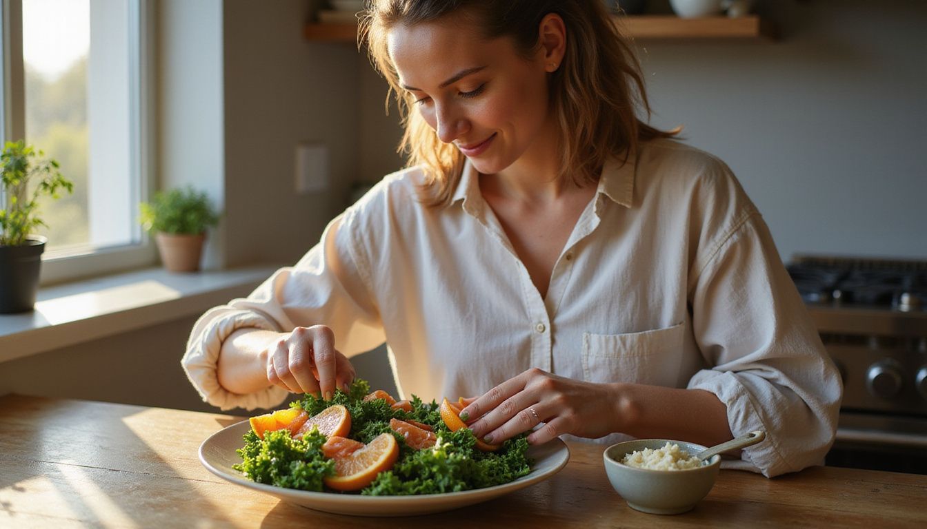 A woman assembling a bright salad with leafy greens, tomatoes, and citrus at a wooden counter. A woman assembling a bright salad with leafy greens, tomatoes, and citrus at a wooden counter.