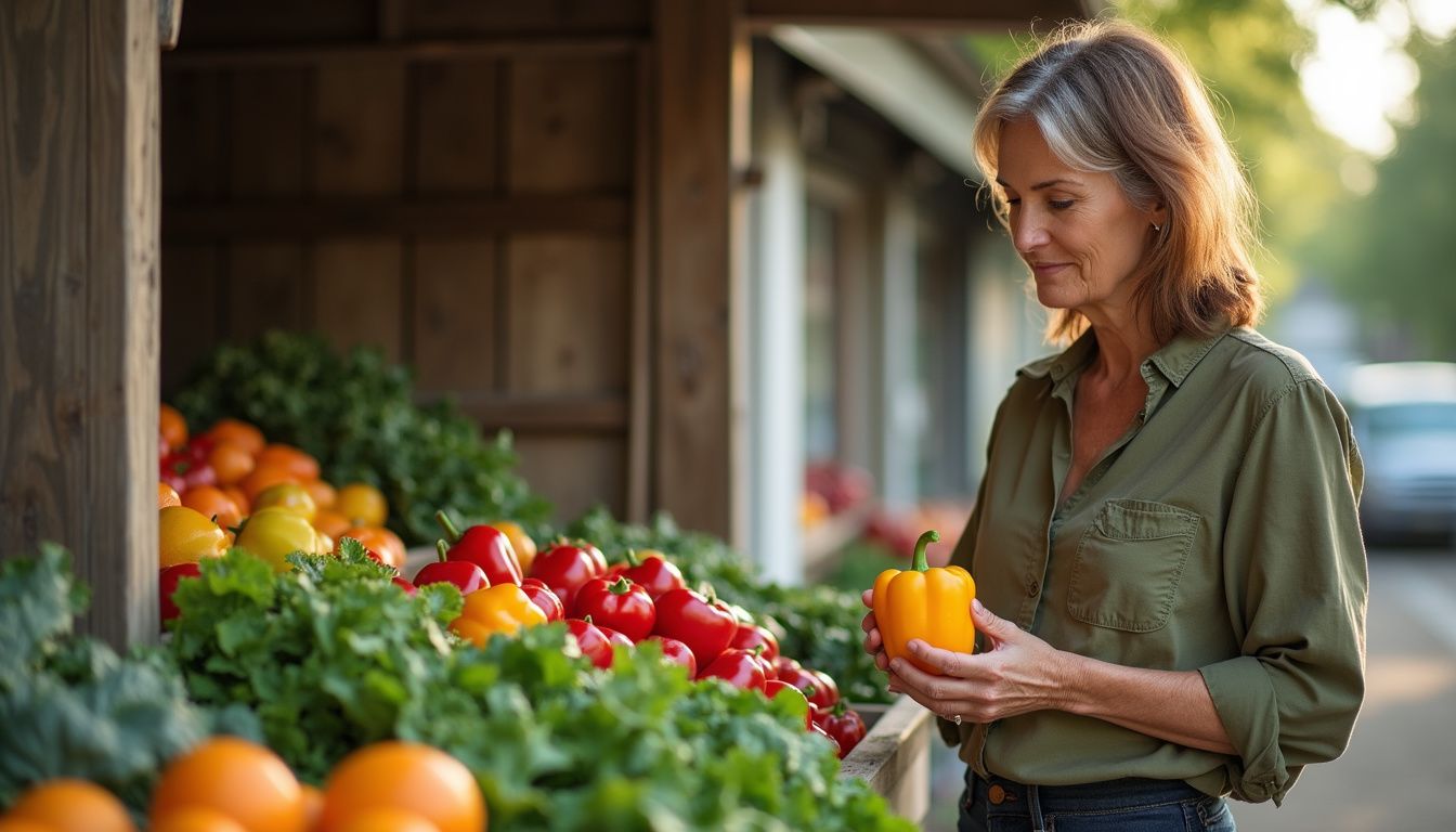 A shopper examining fresh bell peppers at a farmers market.