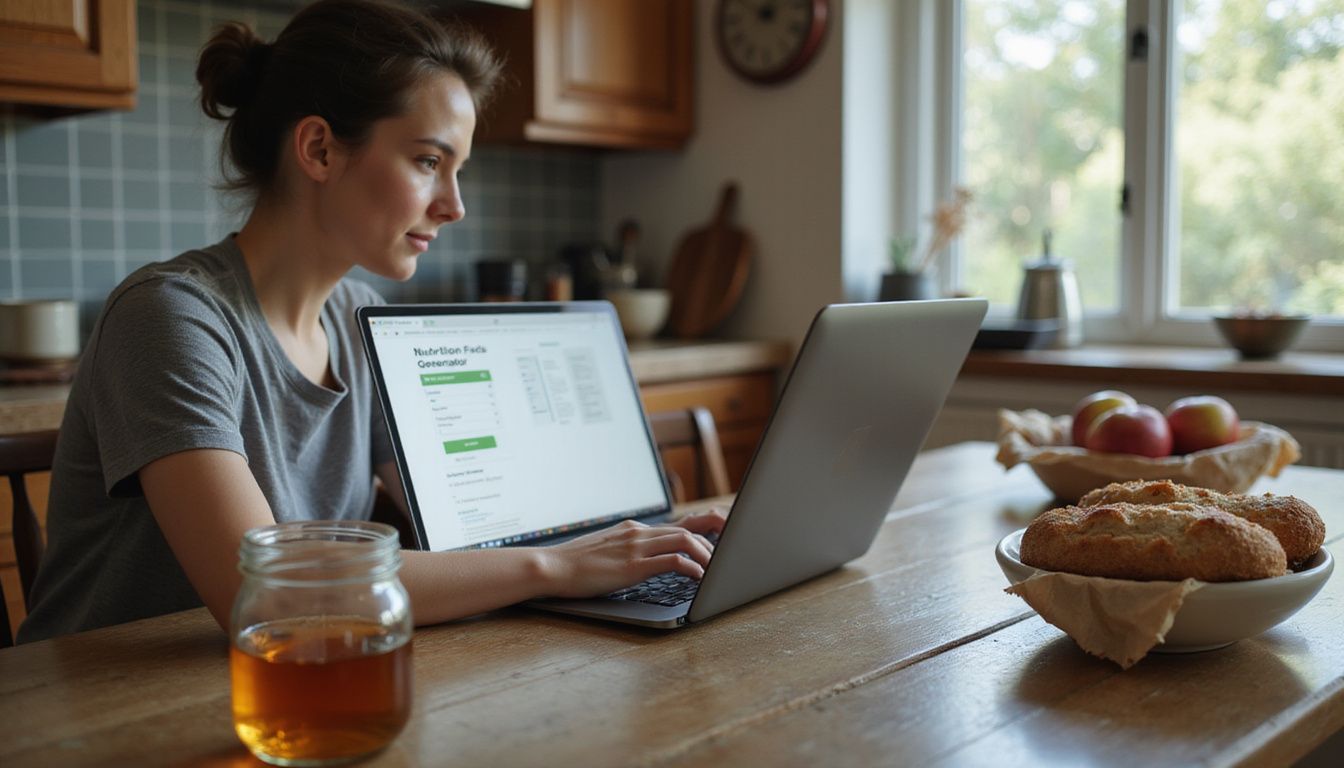 Person using a laptop to build a Nutrition Facts panel beside ingredients.