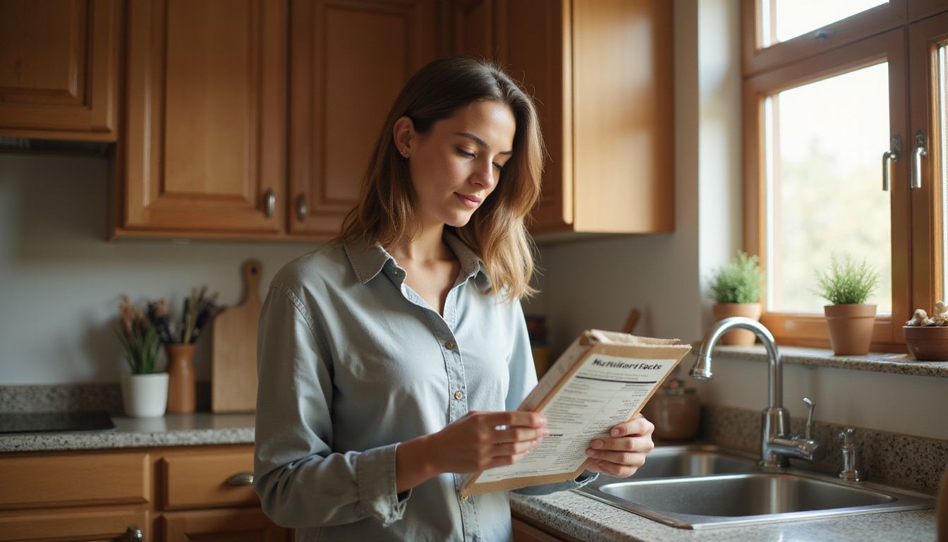 Person reading the Nutrition Facts panel on a cereal box in a kitchen.