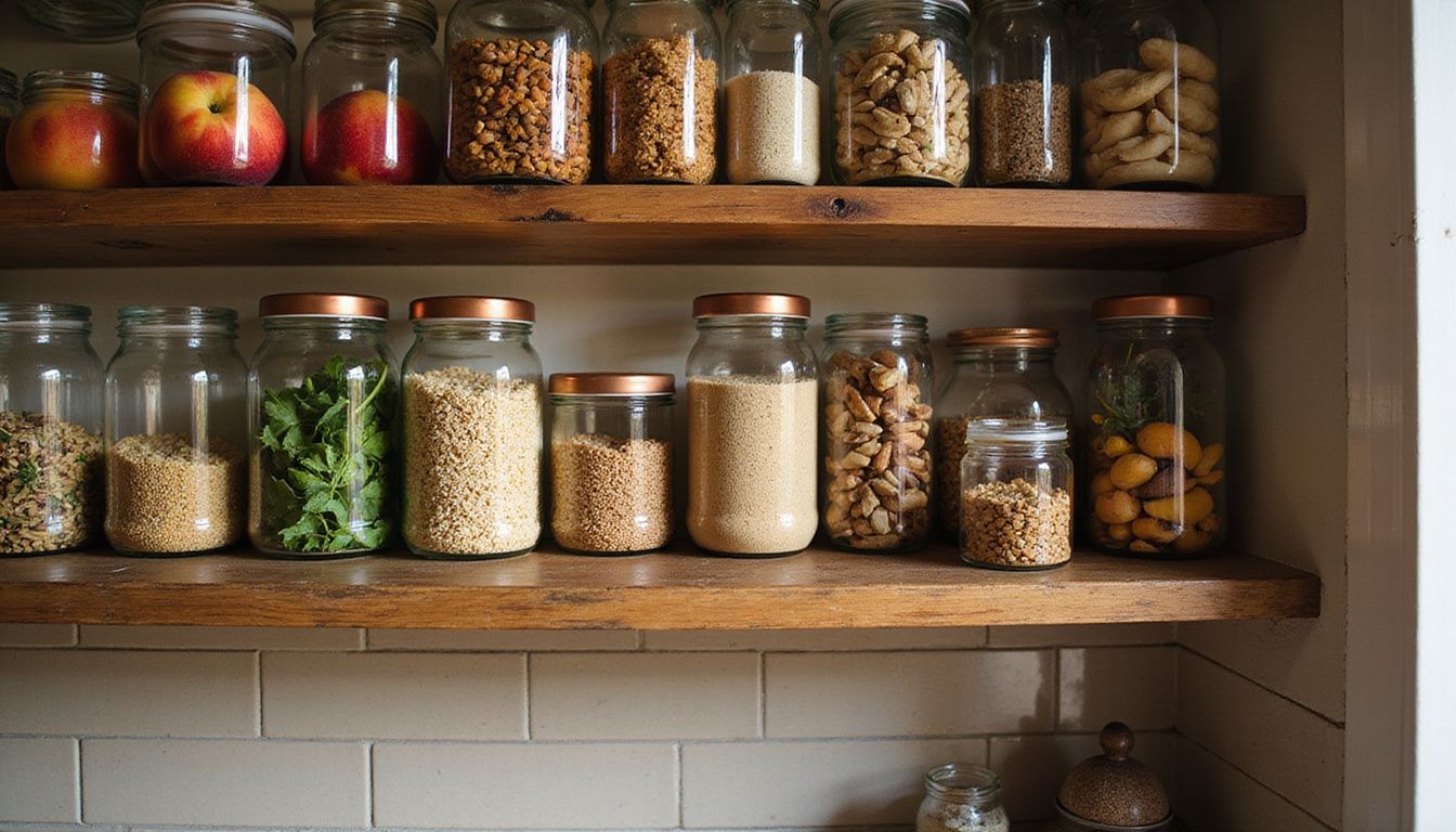 Organized pantry with produce and grains stored in clear jars. Organized pantry with produce and grains stored in clear jars.