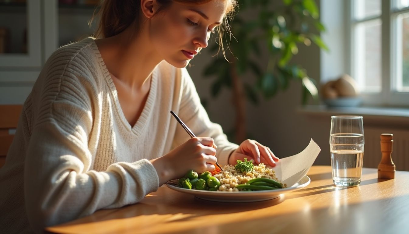 Woman checking a SMART nutrition checklist at a dining table with fruit and water.