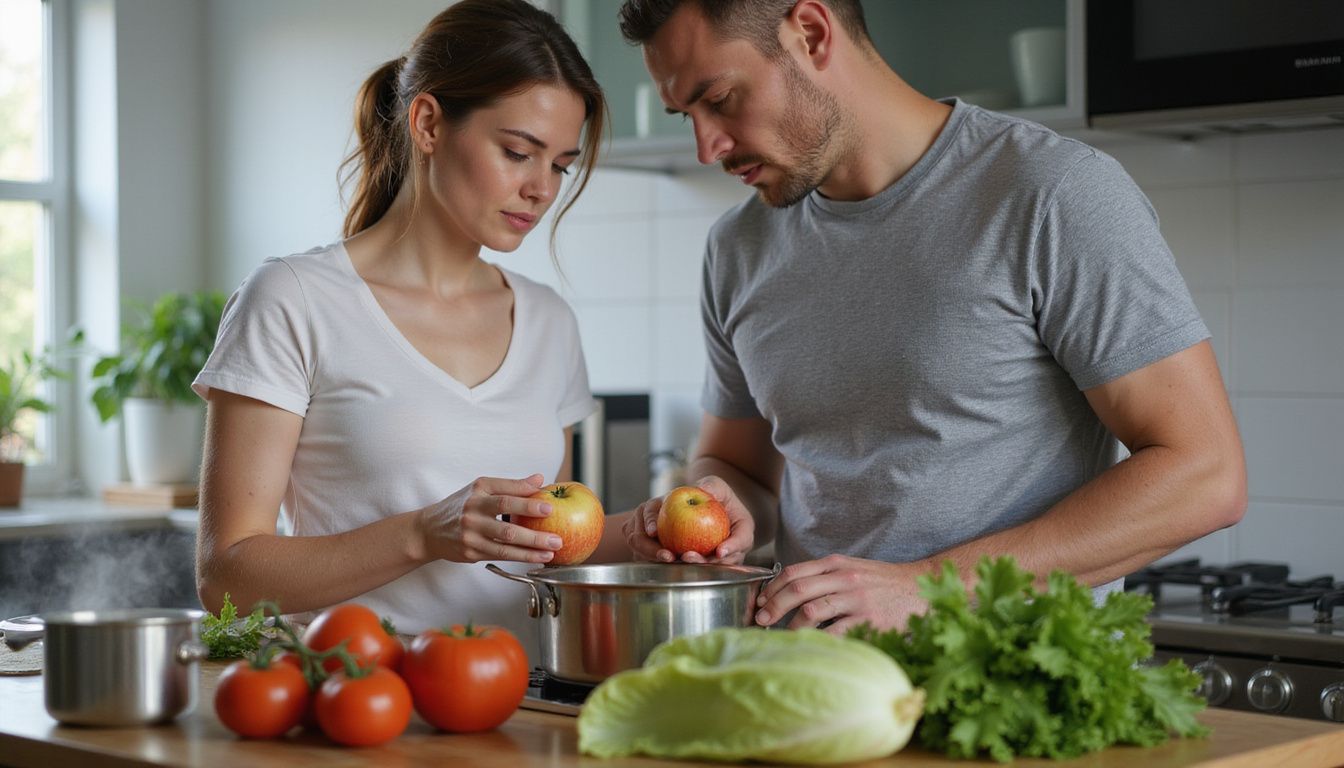 A couple prepares fresh ingredients in a modern kitchen, arranging vegetables and lean proteins.