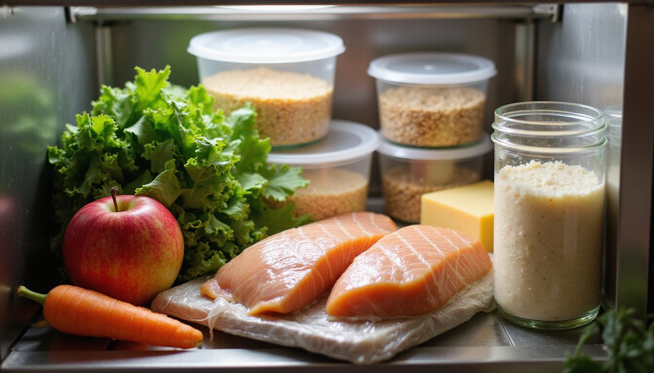 A neatly organized refrigerator with fresh produce, yogurt, eggs, and proteins.