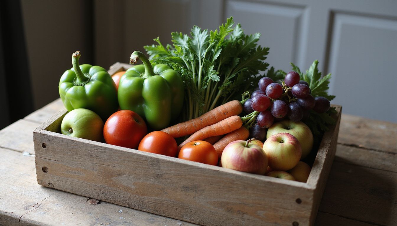 Wooden crate filled with fresh fruits and leafy greens.