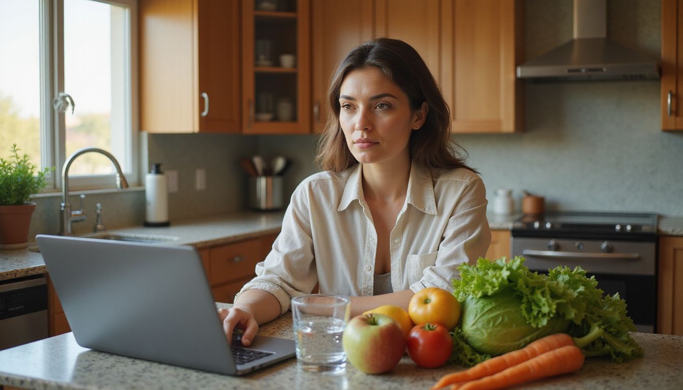 Person reviewing nutrition resources at a kitchen table with fresh produce and a notebook.