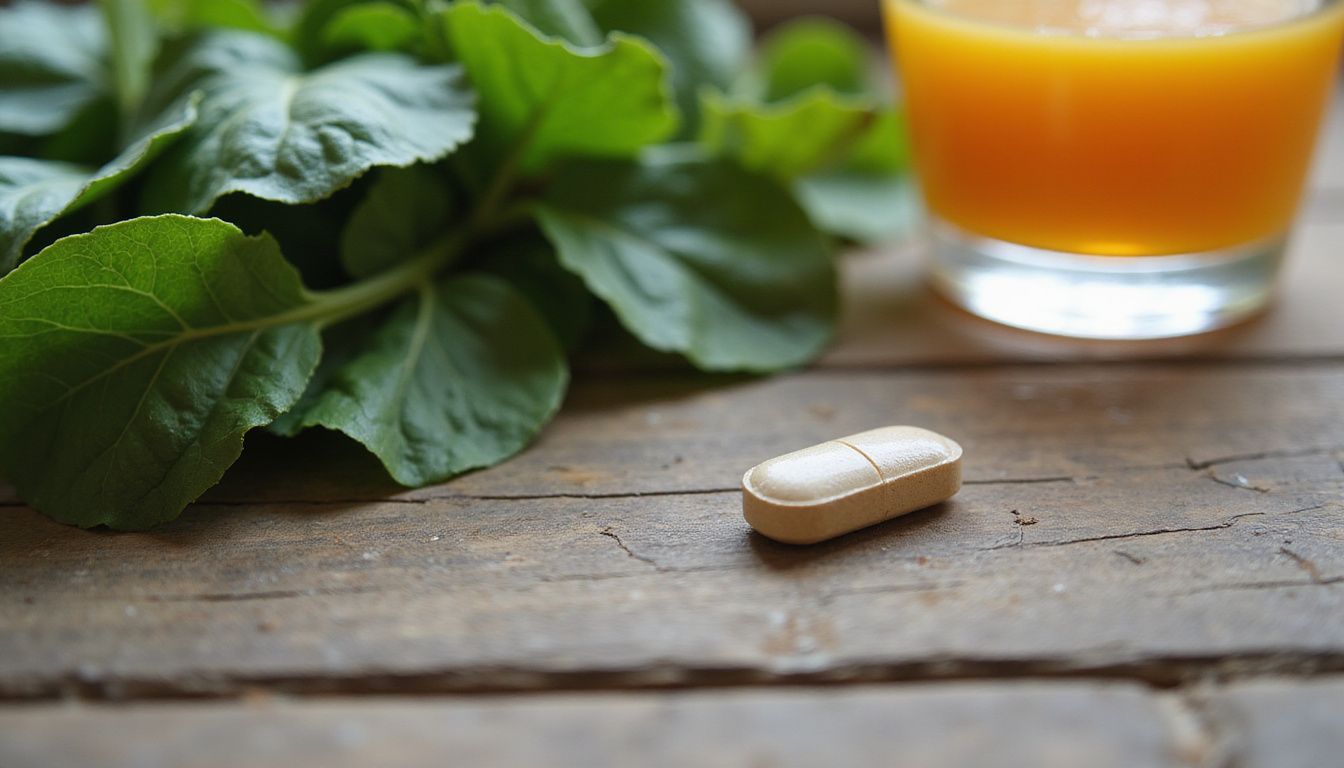 An iron pill beside spinach and a glass of orange juice, highlighting food and supplement pairing. An iron pill beside spinach and a glass of orange juice, highlighting food and supplement pairing.