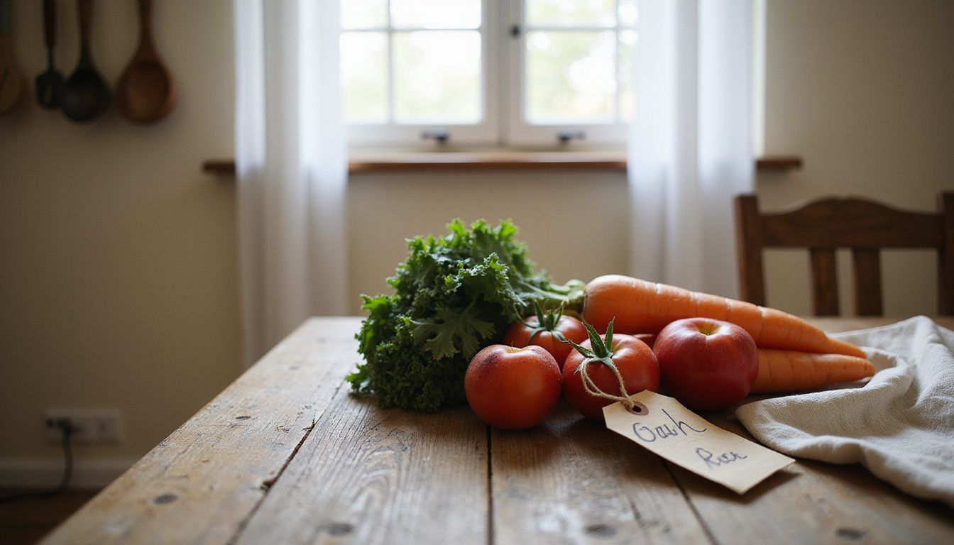 Colorful fruits, vegetables, and pantry staples displayed on a rustic wooden table.
