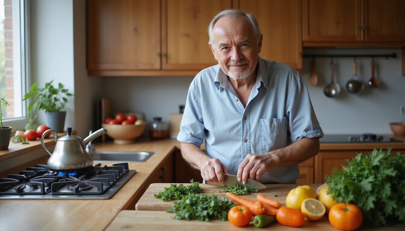 An older adult chops colorful vegetables in a cozy kitchen for a balanced meal.