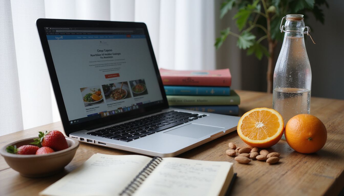A tidy study desk with a laptop, notebook, and healthy snacks. A tidy study desk with a laptop, notebook, and healthy snacks.