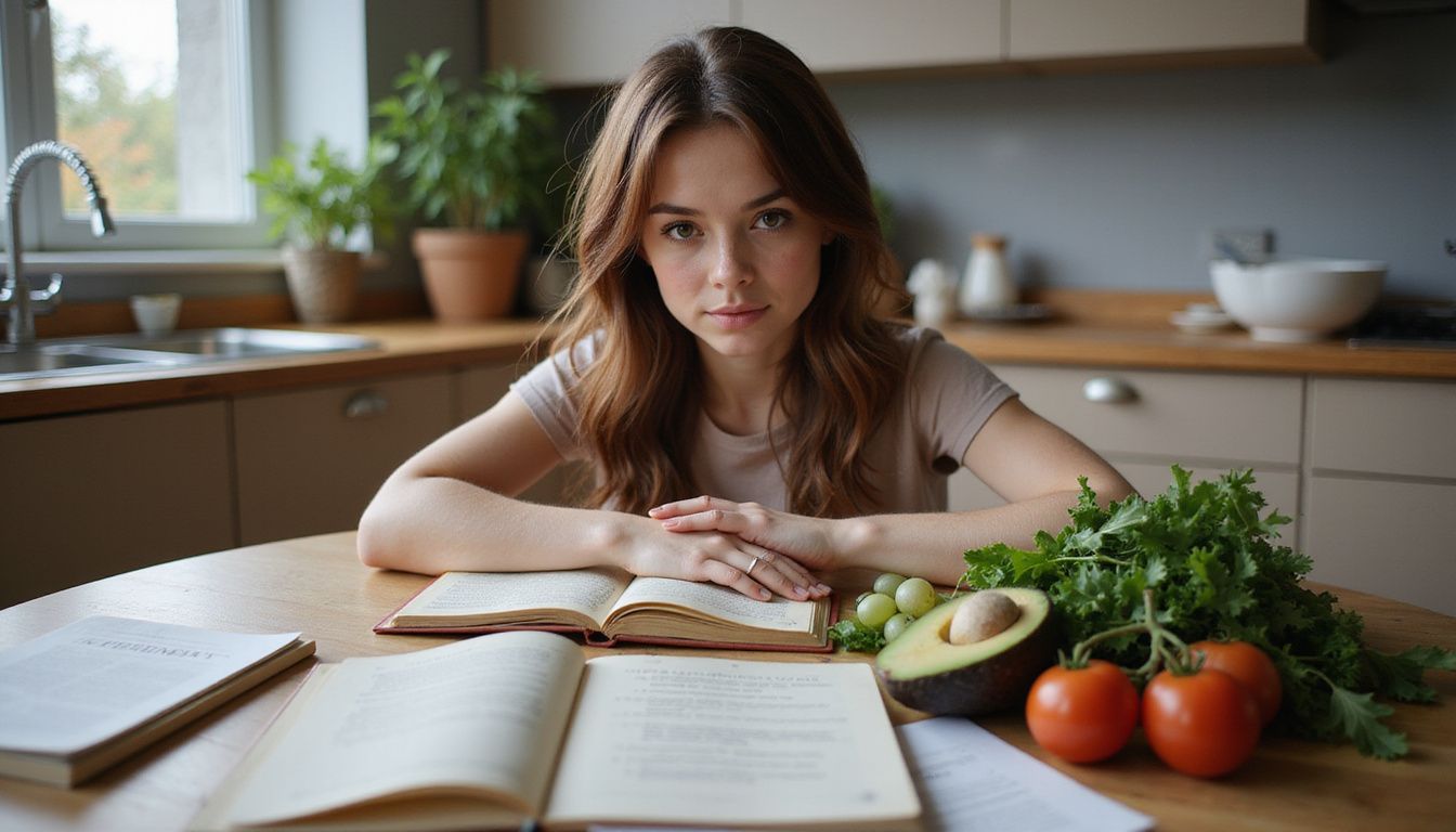 A student reviews nutrition notes at a kitchen table with fresh produce.