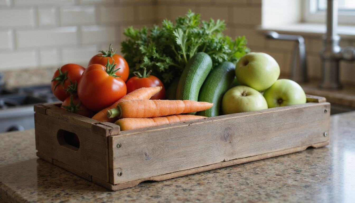 A wooden crate filled with fresh fruits and vegetables on a countertop.