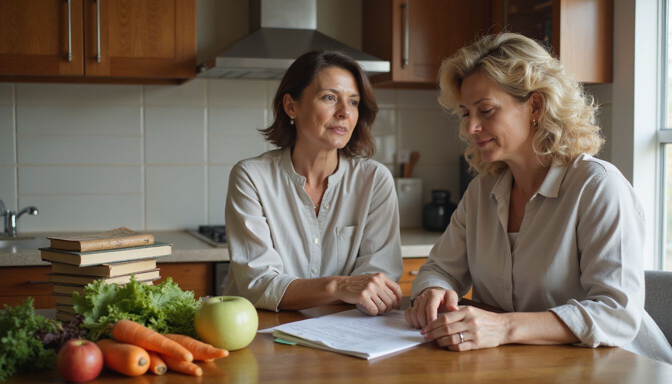 A client meeting with a dietitian at a kitchen counter to review a meal plan. A client meeting with a dietitian at a kitchen counter to review a meal plan.