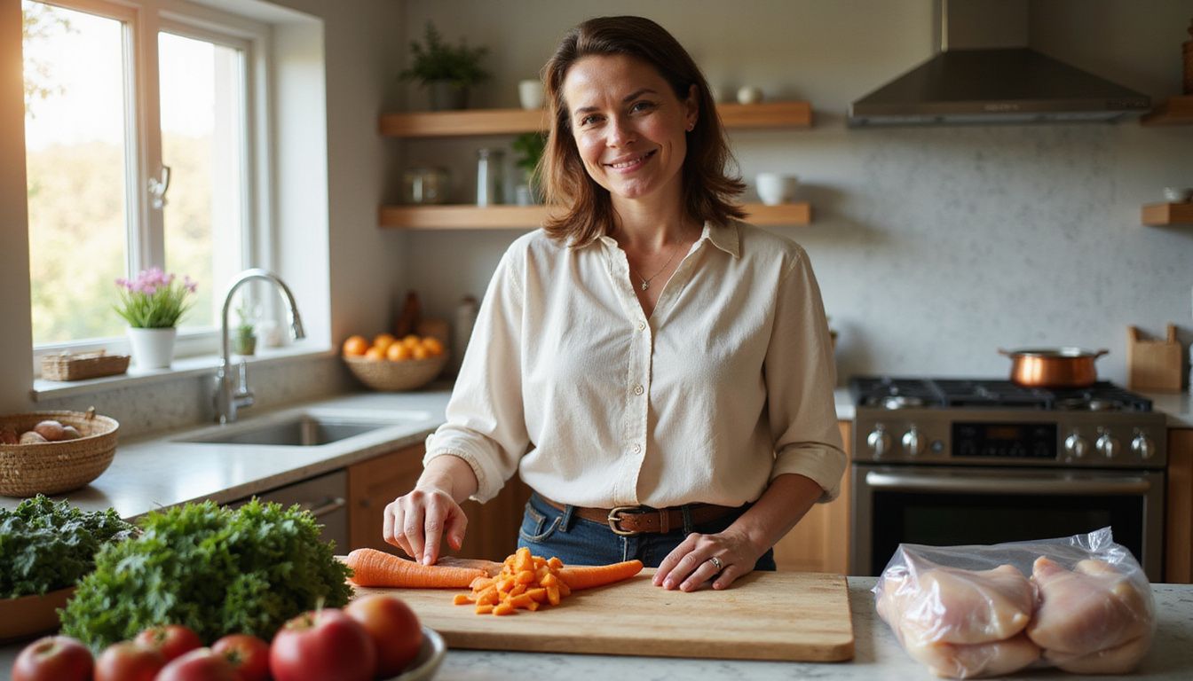 Home cook washing and chopping fresh vegetables in a modern kitchen.