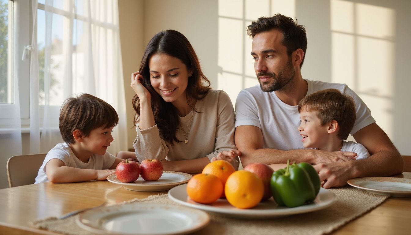 A family sharing a balanced dinner of vegetables, whole grains, and lean protein at a dining table.