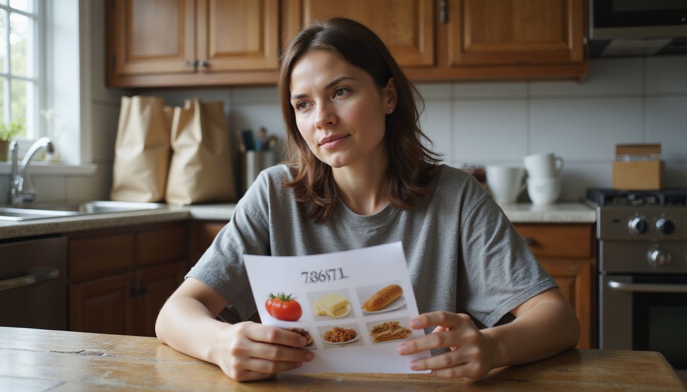 A woman reviews cholesterol numbers at a kitchen table.