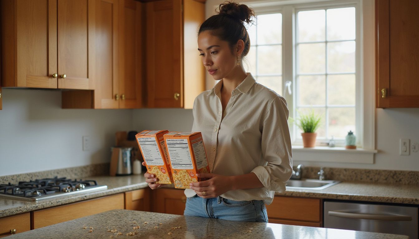 A woman studies cereal Nutrition Facts at her kitchen counter.