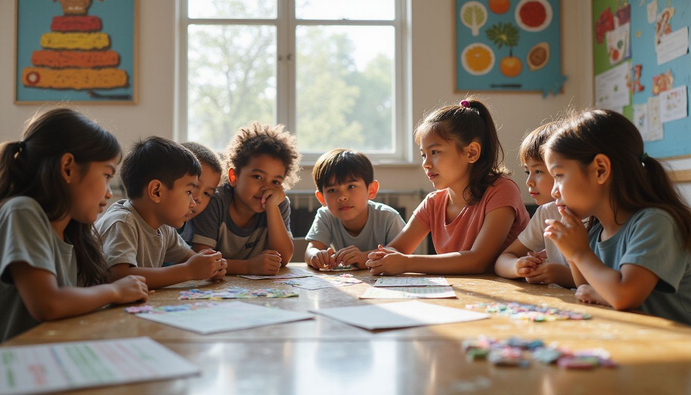 Elementary students discussing food groups during a nutrition lesson.