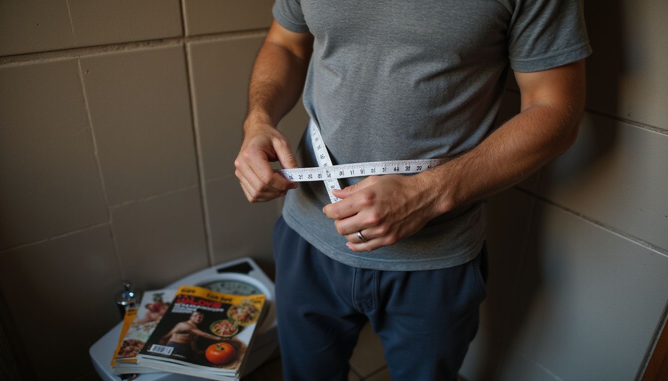 Man measuring waistline with a tape measure in a home bathroom.