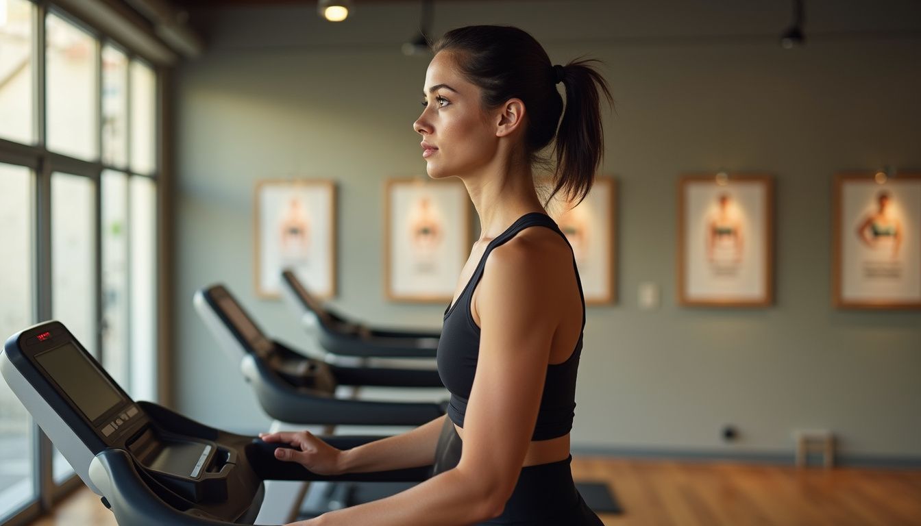 A determined woman exercises on a treadmill in a bright gym, focused on her goal.