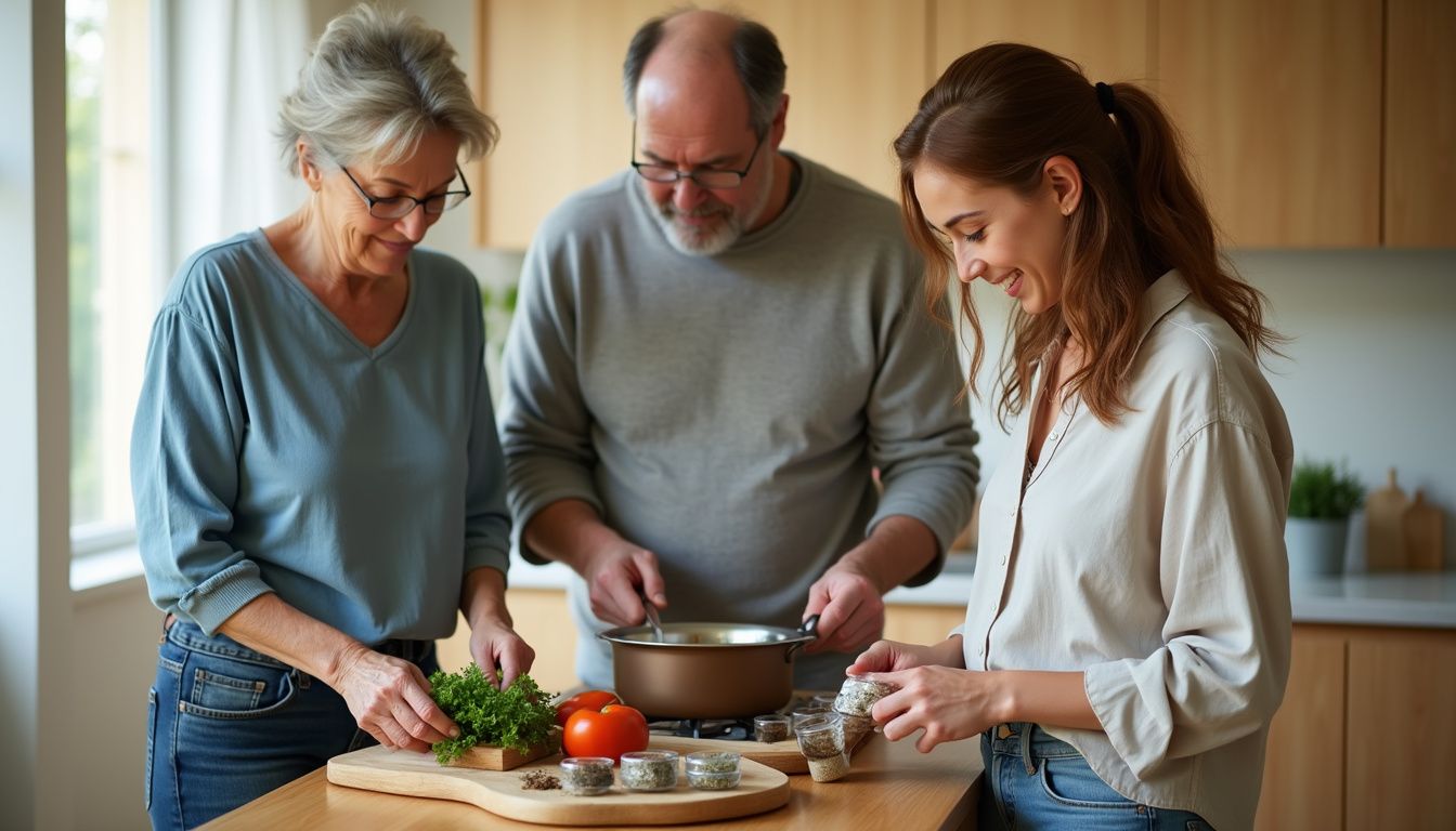 A family preparing a healthy dinner together. A family preparing a healthy dinner together.