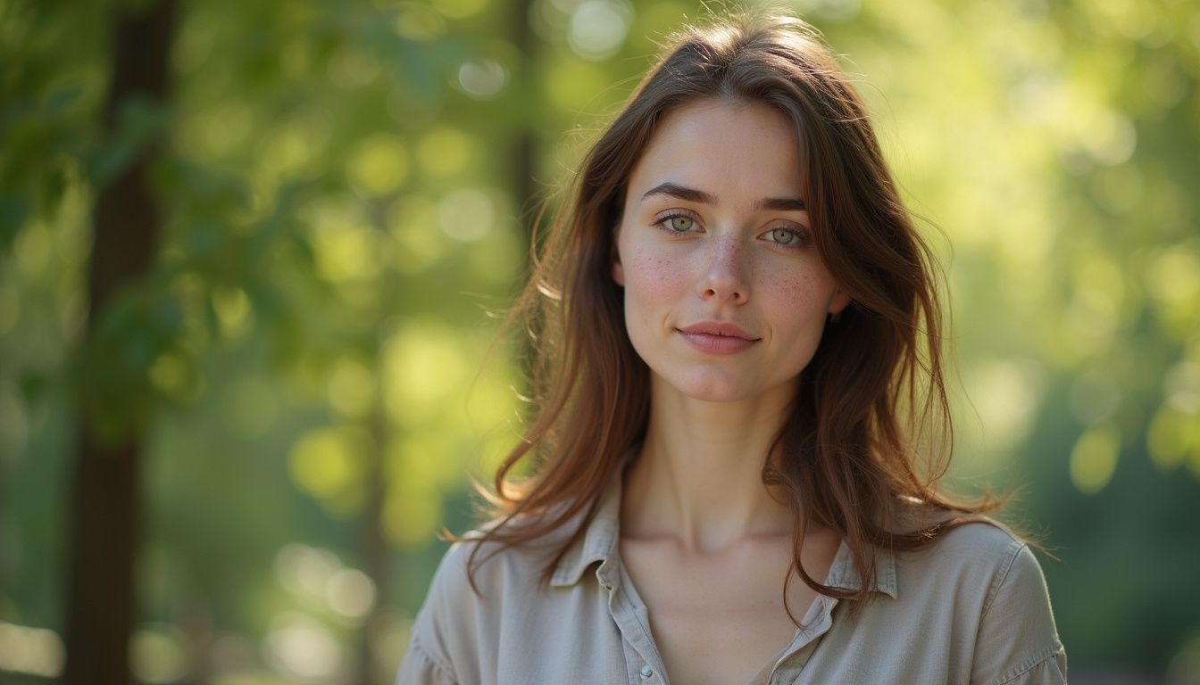 Actor with chestnut hair standing in nature, calm and reflective.