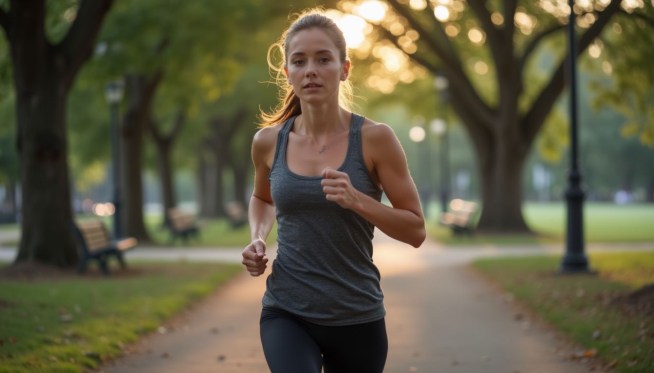 A woman jogging at dusk in a quiet park to support PCOS weight loss.