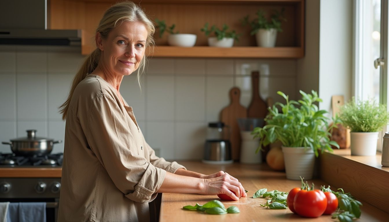 Cook assembling ingredients at a bright kitchen island. Cook assembling ingredients at a bright kitchen island.