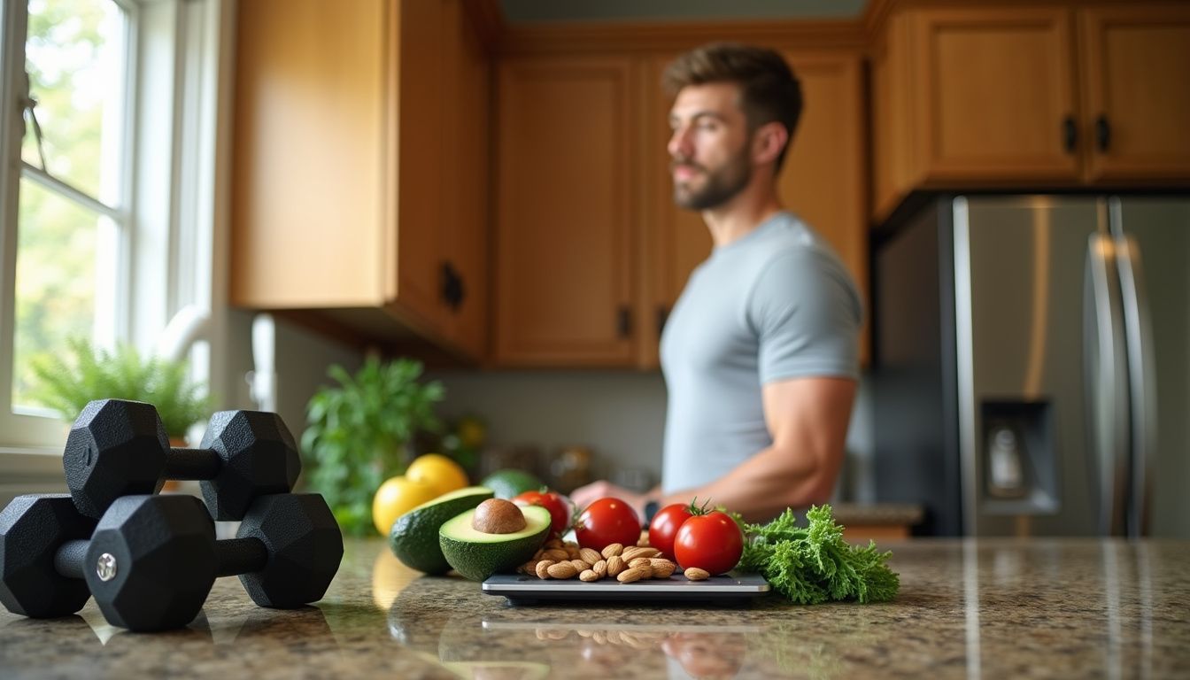 Home kitchen with fresh ingredients and a man focused on fitness routines. Home kitchen with fresh ingredients and a man focused on fitness routines.