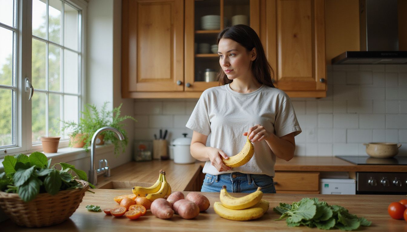 Preparing fresh produce on a clean kitchen counter.