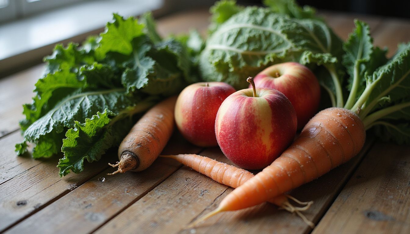 Fresh fruits and vegetables arranged on a wooden table. Fresh fruits and vegetables arranged on a wooden table.