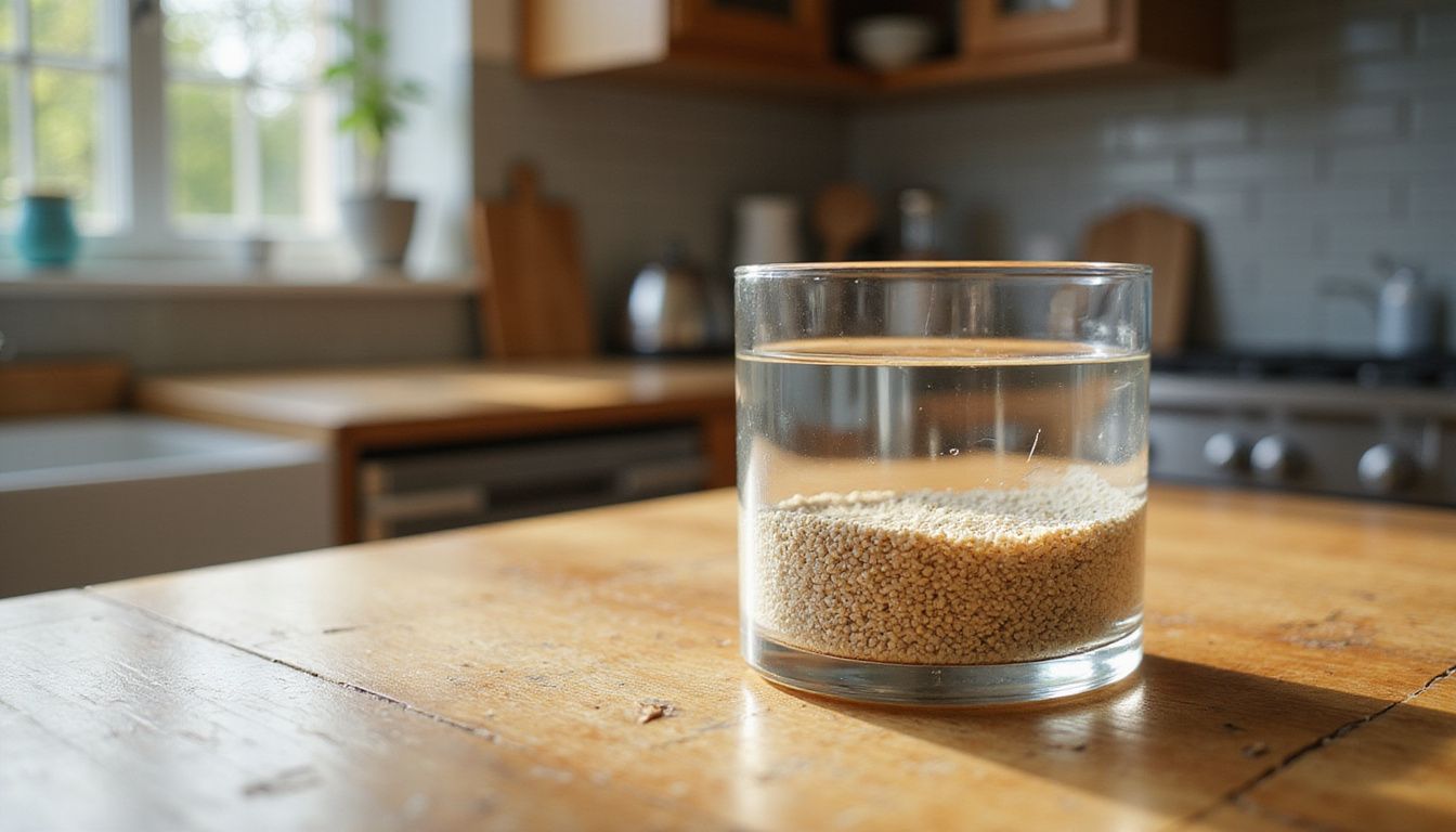 A clear glass of water showing psyllium husk granules settling on a wooden table. A clear glass of water showing psyllium husk granules settling on a wooden table.