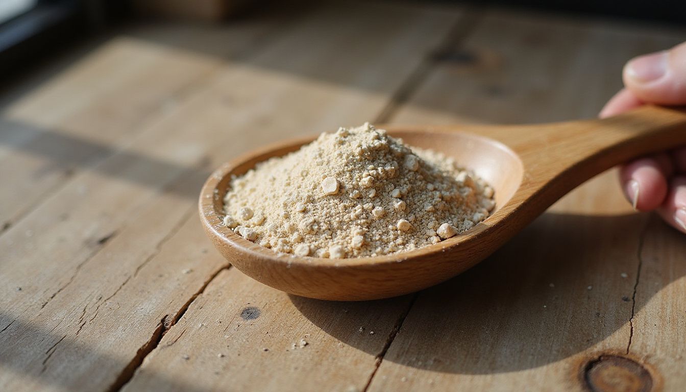 Close-up of beige psyllium husk in a wooden spoon on a rustic counter. Close-up of beige psyllium husk in a wooden spoon on a rustic counter.