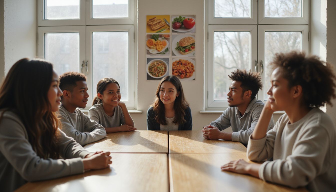 Students discussing healthy food choices in a classroom setting.