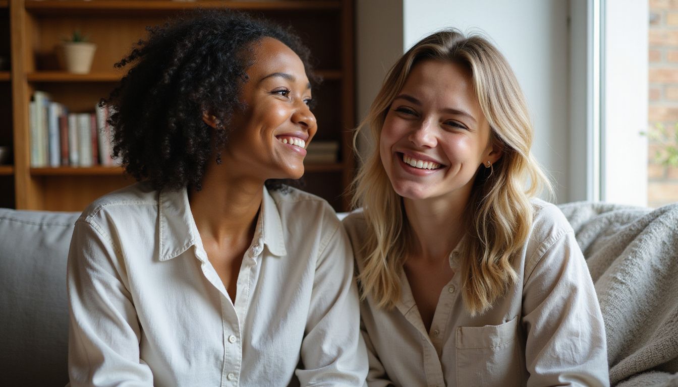 Two women share a joyful moment on a couch, smiling and leaning close.