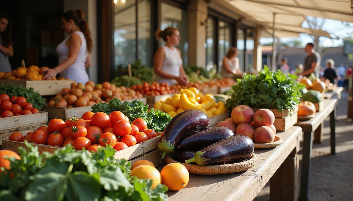 Fresh produce at an outdoor market, showcasing colorful fruits and vegetables.
