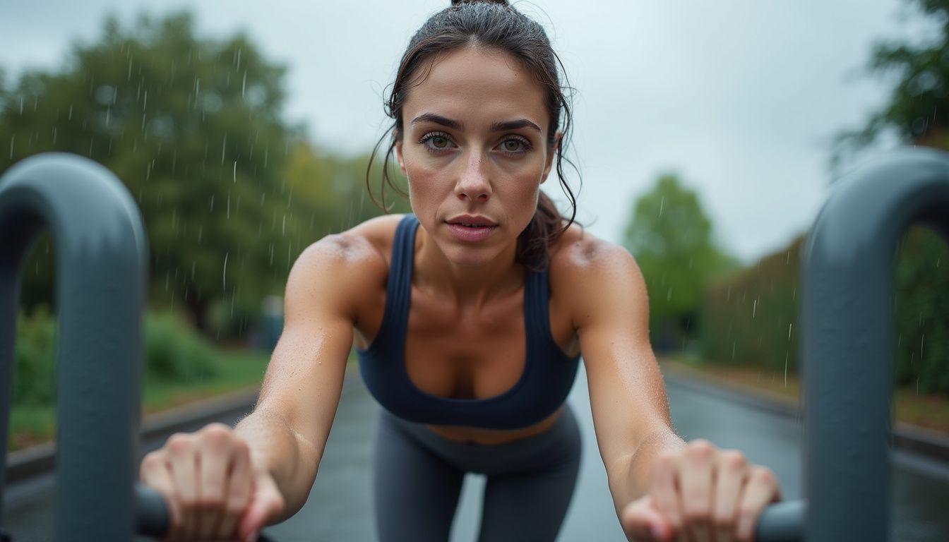 A woman in workout gear trains outdoors on a rainy day.