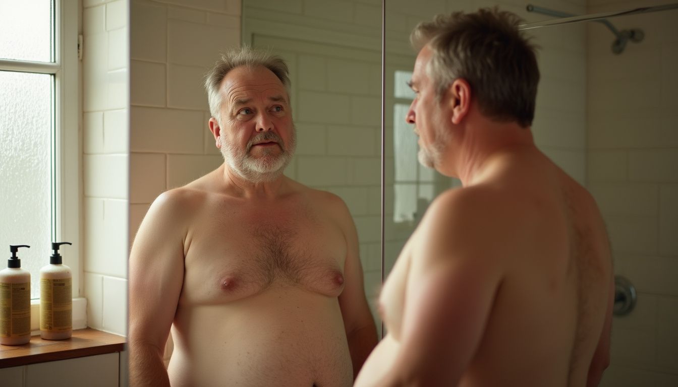 A man studies his waistline in a mirror, checking progress. A man studies his waistline in a mirror, checking progress.