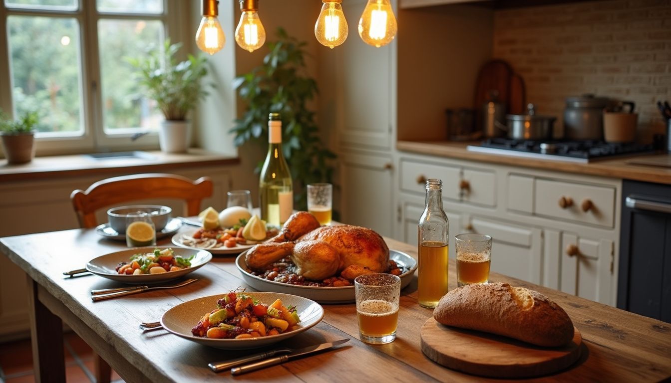 Country kitchen set for a family-style meal with casserole dishes and salads. Country kitchen set for a family-style meal with casserole dishes and salads.
