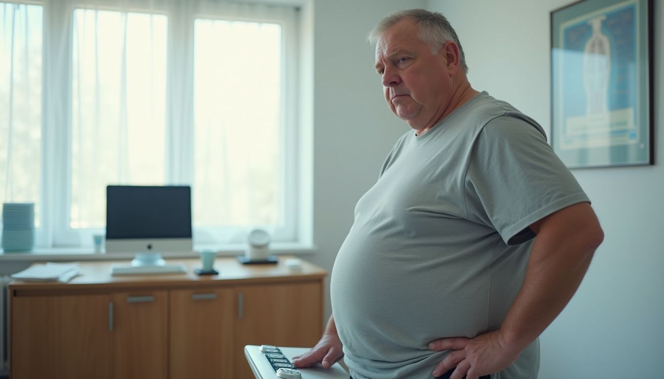 A worried man stands on a scale, reflecting on his health and next steps.