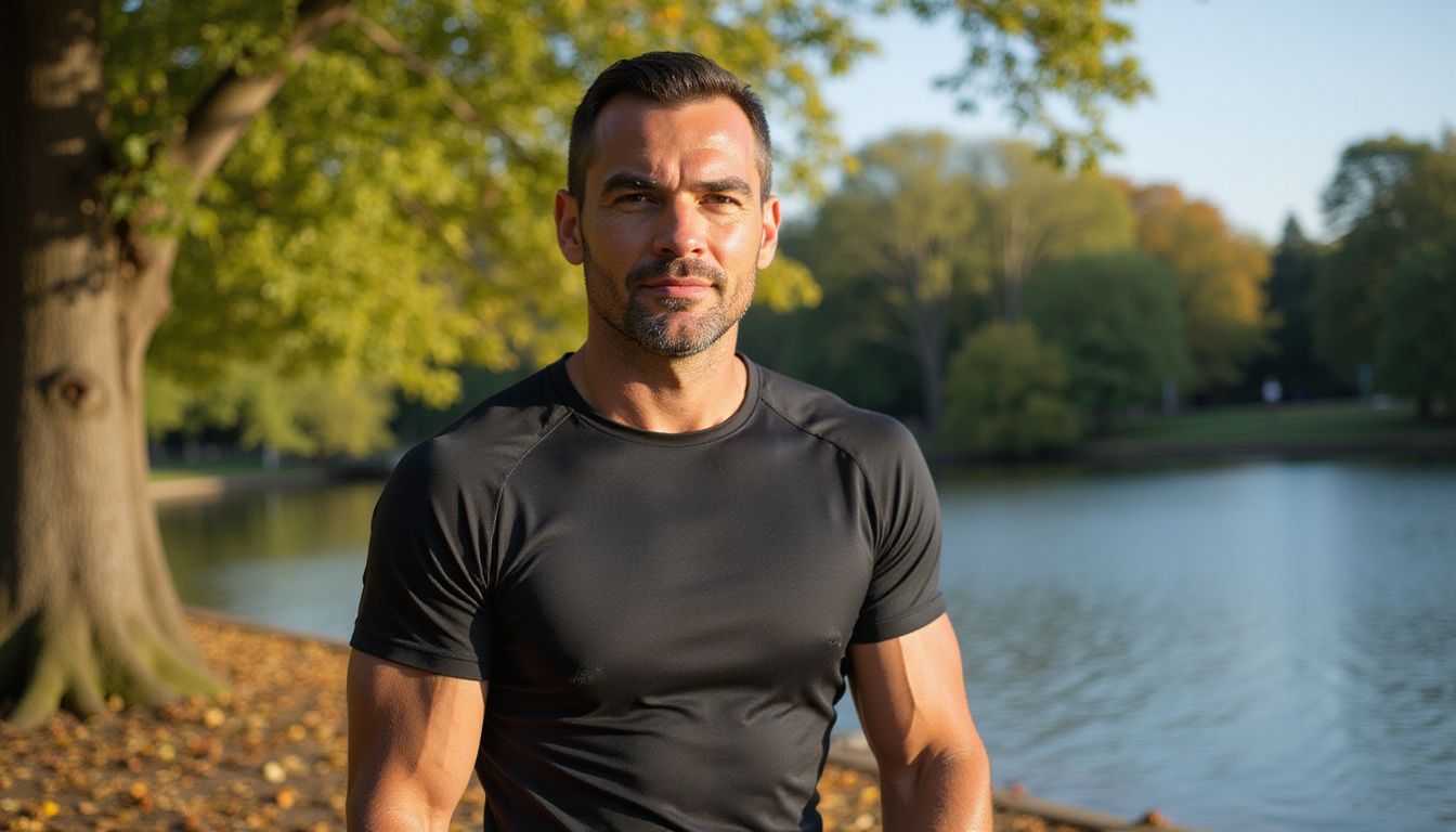 Ross Mathews powers through an outdoor workout in a city park, focused on form. Ross Mathews powers through an outdoor workout in a city park, focused on form.