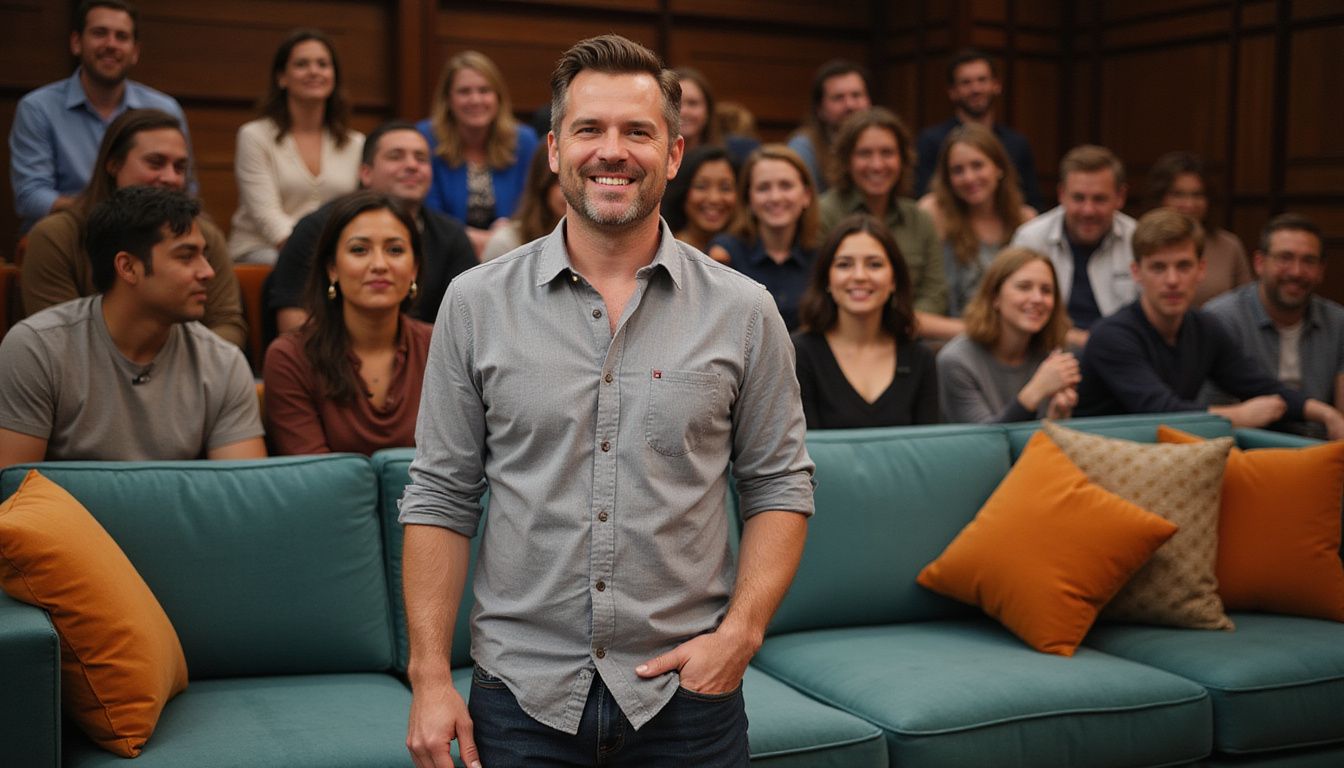 Television host Ross Mathews leads a lively talk show with an enthusiastic audience.