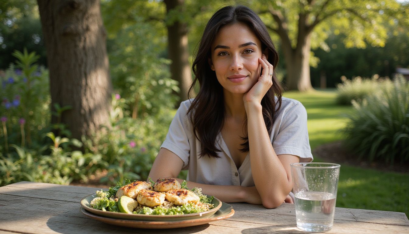 Smiling woman eating a colorful salad at a rustic picnic table outdoors.